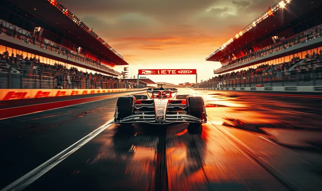 Red and white F2 race car drives past the finish line on a sunset circuit with motion-blur streaks.