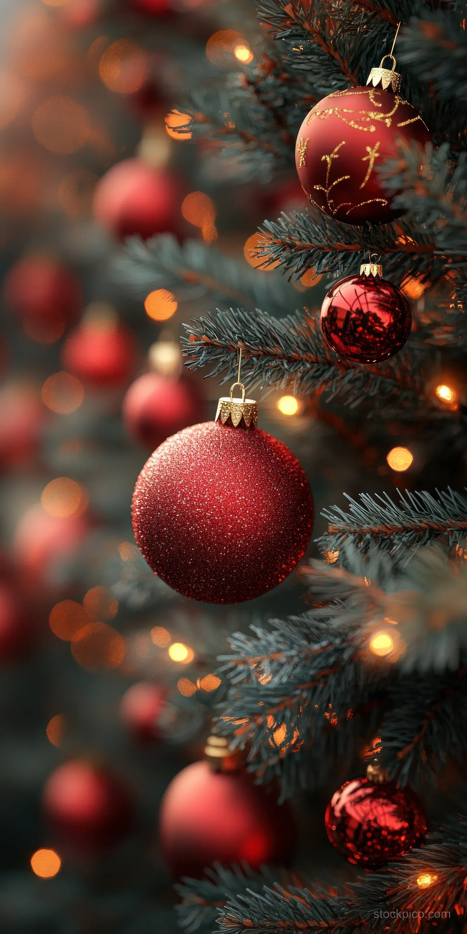 Red and gold Christmas ornaments on a decorated tree with warm glowing bokeh lights in the background.