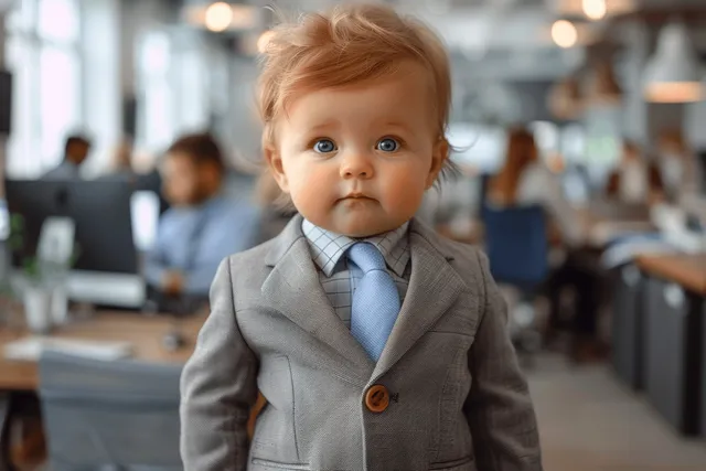 A toddler in a gray business suit and blue tie stands at an office desk with coworkers working blurred behind.