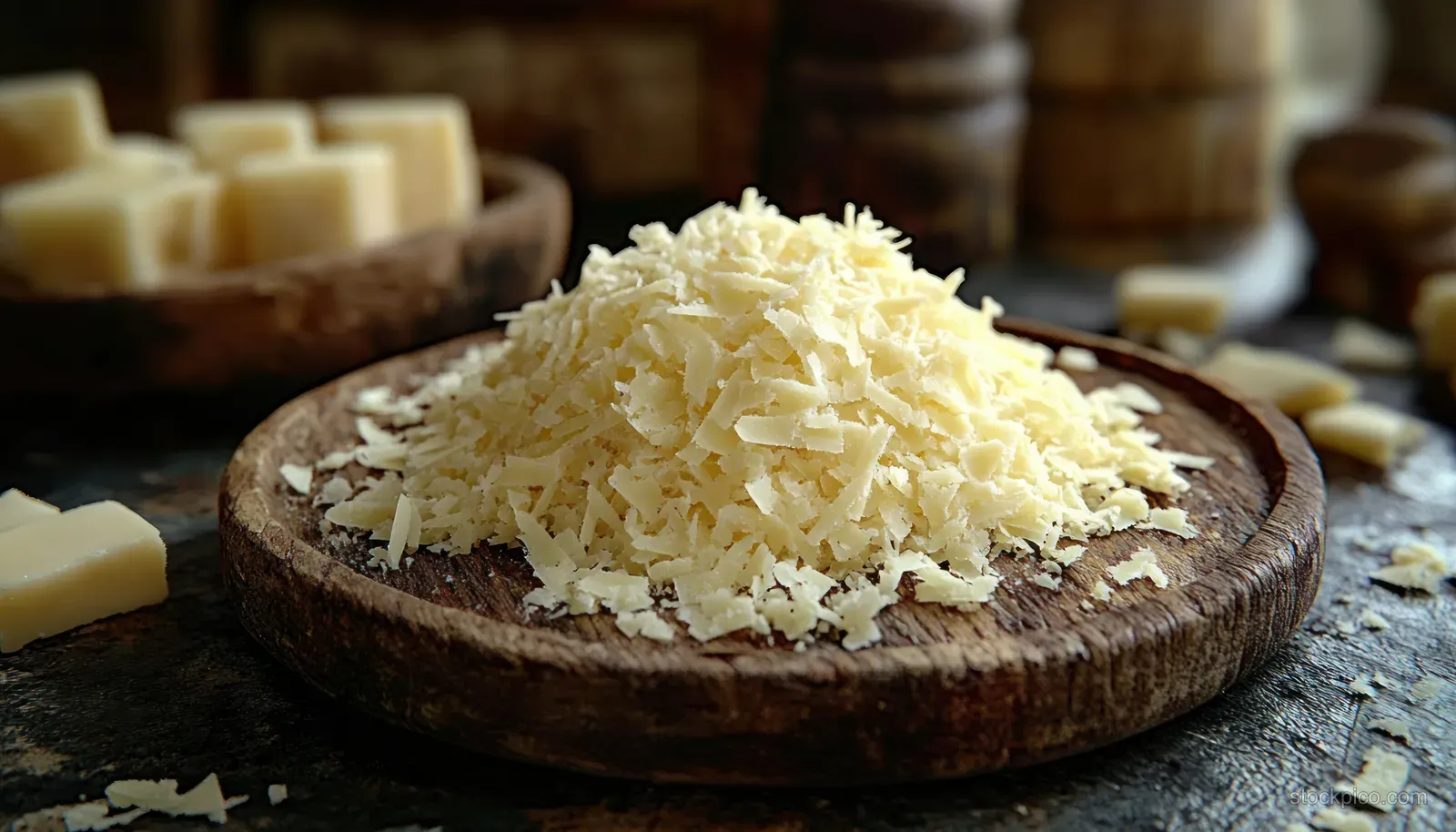 Grated Parmesan cheese is piled on a rustic wooden plate against a dark slate background.