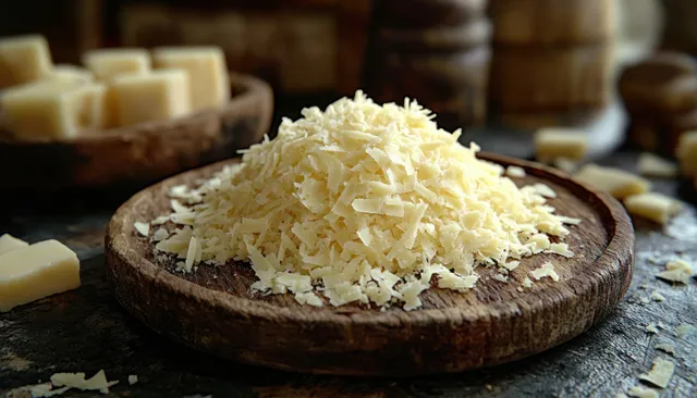 Grated Parmesan cheese mounded on rustic wooden plate with natural light and slate background texture