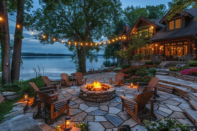 Lakeside patio at dusk with a stone fire pit, Adirondack chairs, and string lights beside a view of the lake.