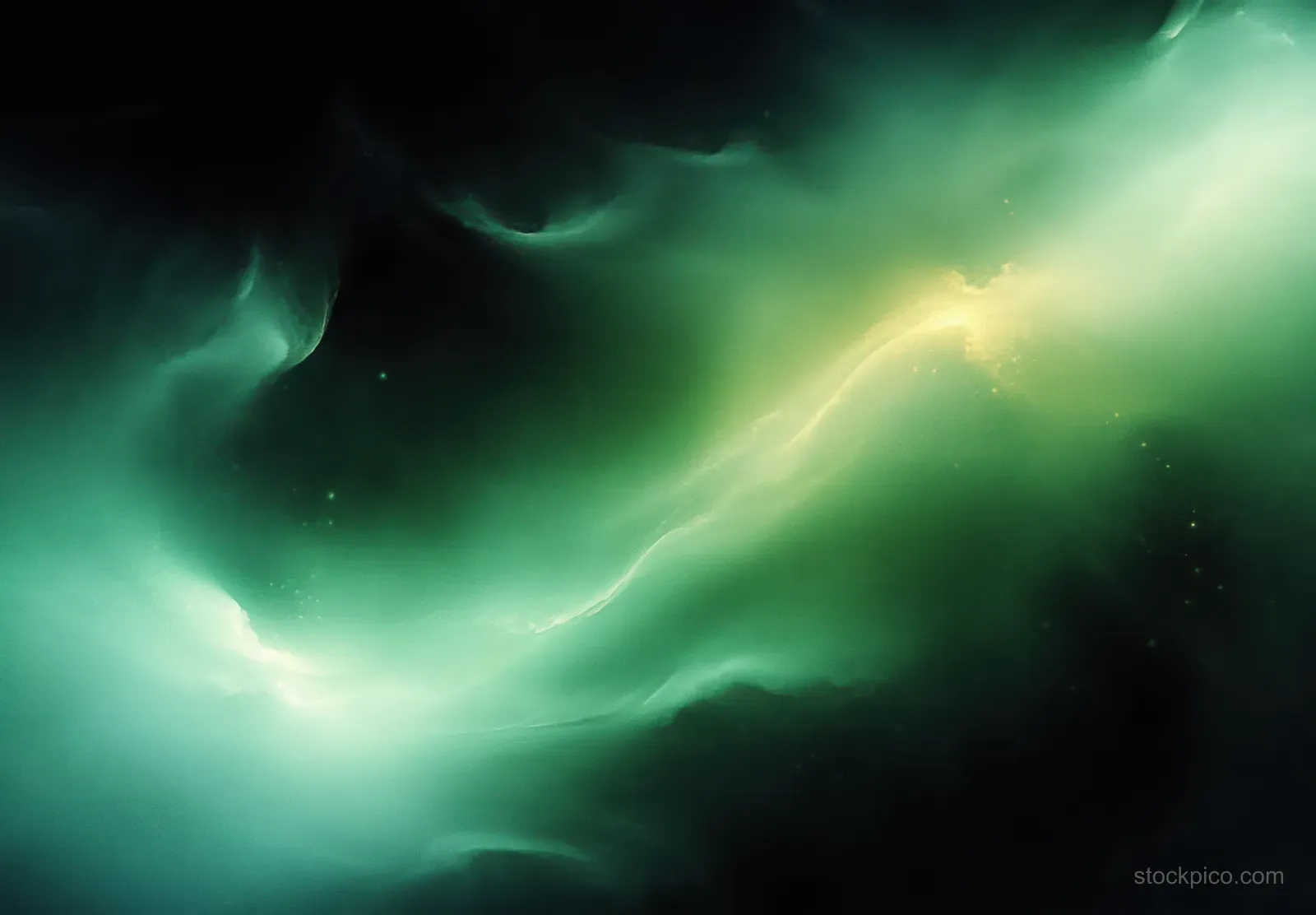 Abstract green light swirls across a black gradient background.