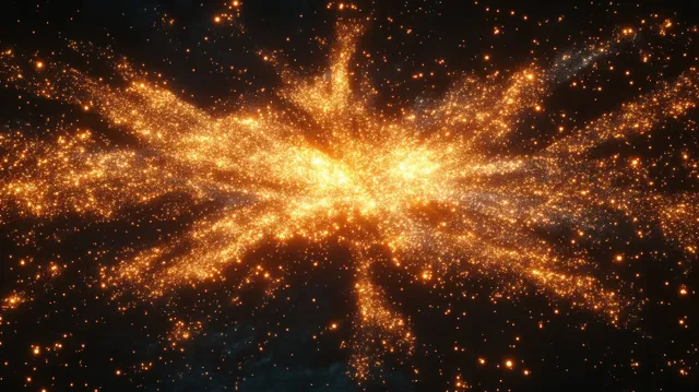 Golden glowing particles burst outward in a star-dust cross pattern against a dark background.