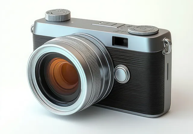Close-up of a vintage camera with a large detailed lens and visible dials on a white background.