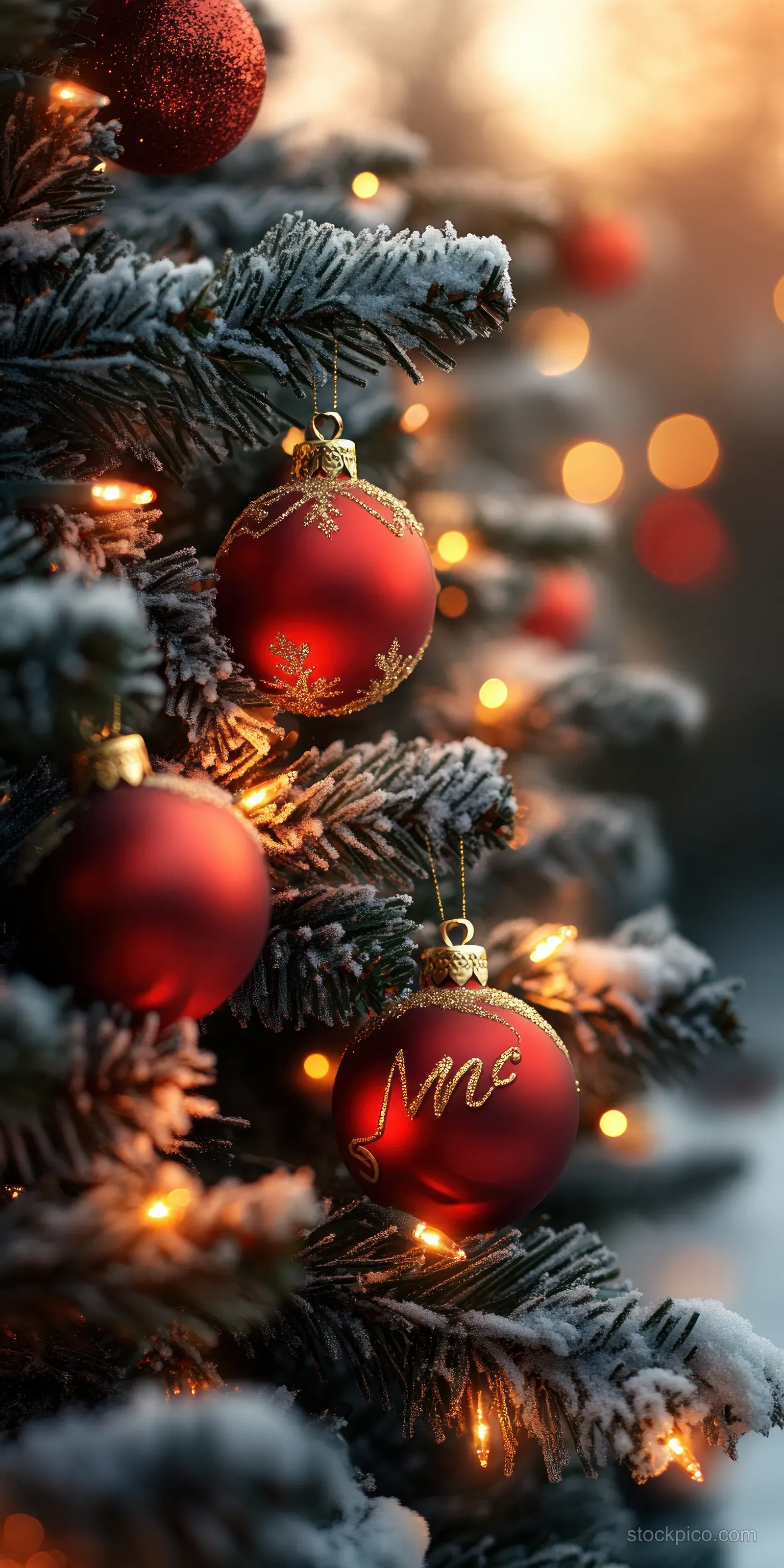 Snow-dusted Christmas tree branches with red and gold ornaments and glowing lights behind soft winter bokeh.