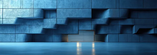 Empty futuristic industrial room with geometric blue metal blocks and glossy floor reflections.