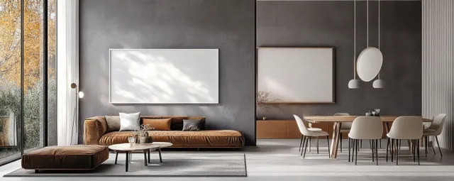 Minimalist living room and dining area with beige sofa, dining table, chairs, wall art, and plants in daylight.