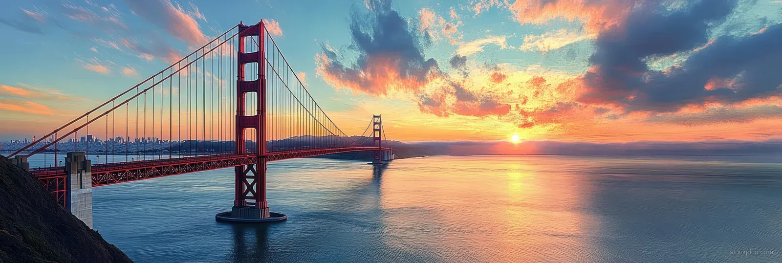 Golden Gate Bridge at sunset with warm clouds and shimmering reflections on calm bay water.
