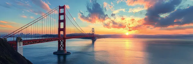 Golden Gate Bridge at sunset with warm clouds and shimmering reflections on calm bay water.