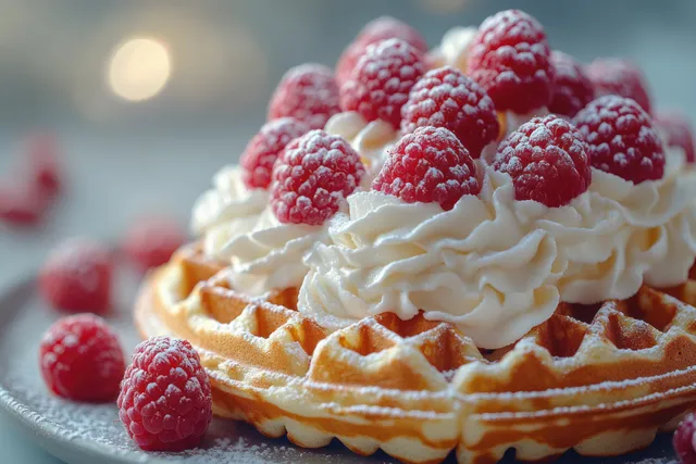 Golden waffle topped with raspberries and whipped cream on a softly lit plate