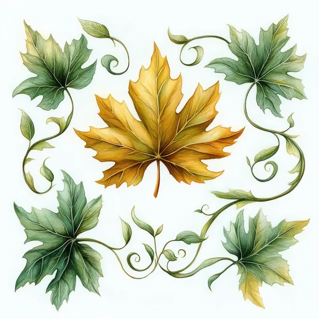 Five maple leaves with one golden autumn leaf centered, curled vine ornaments on white.