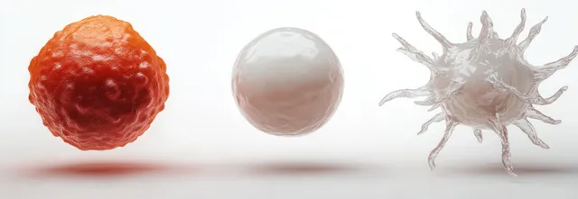 Three differently textured cells float on a white background: an orange sphere, a smooth white sphere, and a spiky cell.
