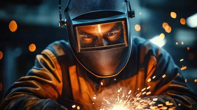 A focused welder in a protective helmet welding metal, sparks glowing in a dark workshop.