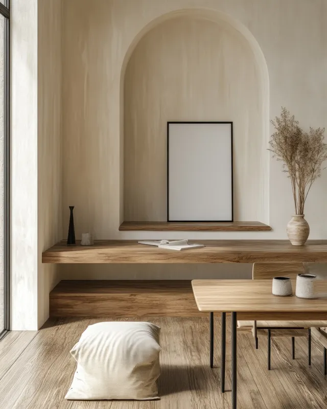 Minimalist Scandinavian living room with blank frame on wooden shelf and soft daylight