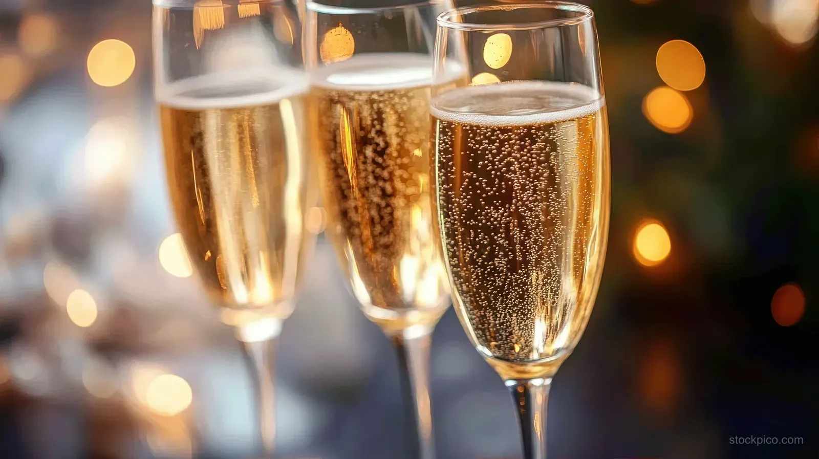 Three champagne flutes filled with sparkling golden bubbles against warm festive bokeh lights.