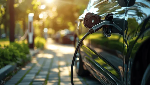 Electric car charging cable plugged into the vehicle at an outdoor station along a leafy park path.
