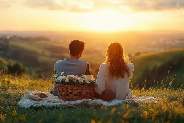 Couple sits on a blanket atop a grassy hillside, sharing sunset picnic with flowers and wine