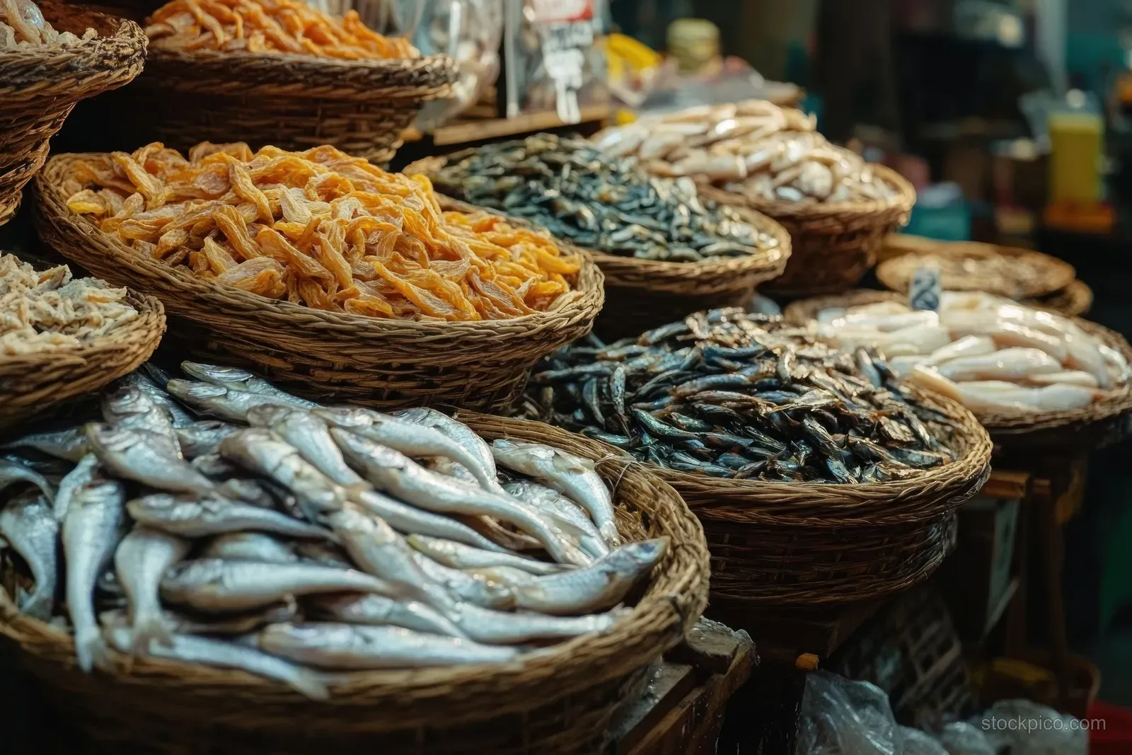 Dried fish in woven baskets on a market stall, with blurred shoppers and colorful goods in the background.