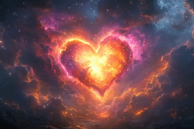 A glowing heart-shaped nebula with pink and orange plasma swirls inside a starry space background.