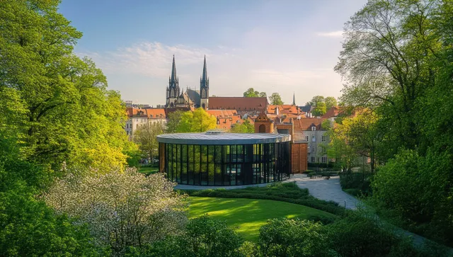 Panoramic spring view of a modern glass pavilion surrounded by trees, with church spires and historic rooftops in the distance.