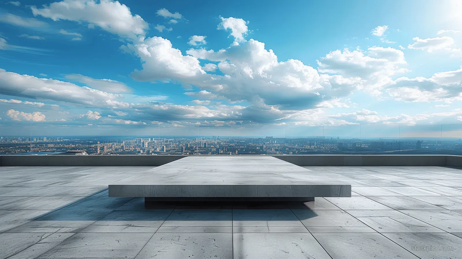 Empty rooftop terrace with concrete tiles overlooking a city skyline under a cloudy blue sky.