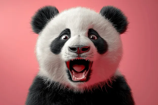 Surprised panda head with wide eyes and open mouth on solid pink background with Black And White Fur