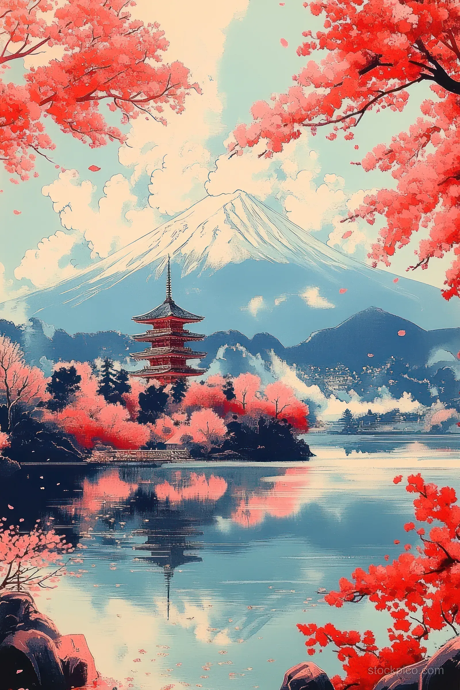A traditional pagoda on a lake is framed by red cherry blossoms with mountains and a clear sky in the background.