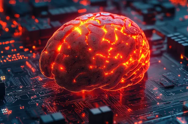 Orange glowing neural brain floats above a dark futuristic circuit board with bright data-like lights.