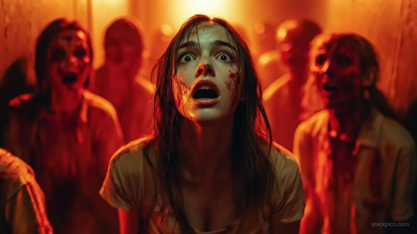 A terrified woman with blood on her face stands in a dark hallway while zombie-like figures loom behind her.