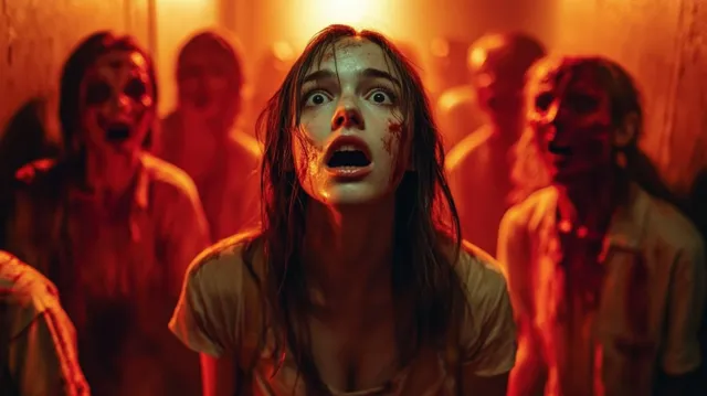 A terrified woman with blood on her face stands in a dark hallway while zombie-like figures loom behind her.
