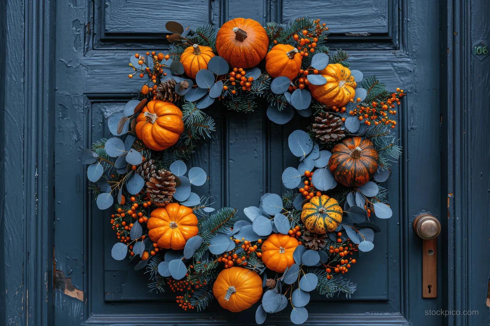 A pumpkin and pinecone wreath with blue-green leaves hangs on a dark blue front door.