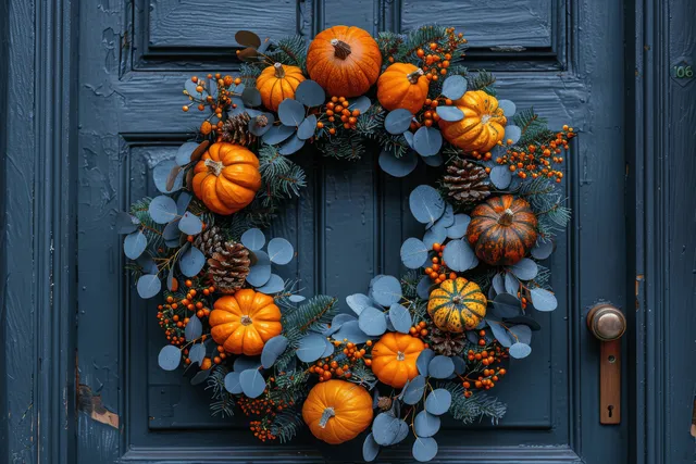A pumpkin and pinecone wreath with blue-green leaves hangs on a dark blue front door.