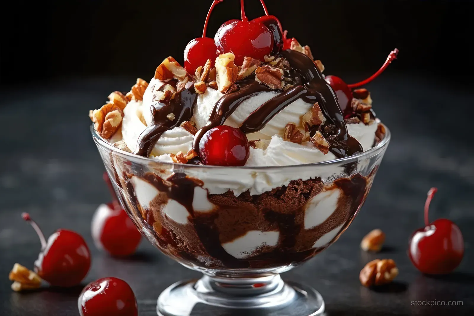 Chocolate sundae in a glass bowl topped with whipped cream, dark chocolate sauce, chopped nuts, and red cherries.