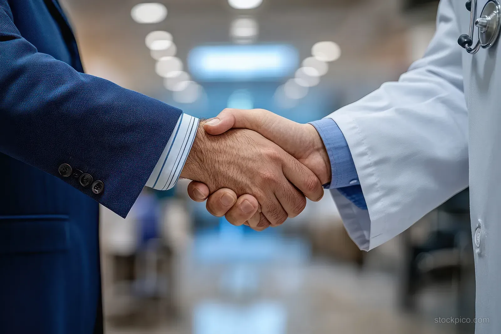 A business suited representative and a doctor shake hands in a hospital lobby with blurred medical staff behind.