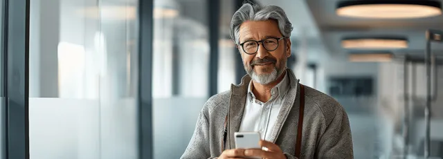 A smiling middle-aged manager holds a smartphone in a bright office lobby with blurred glass walls.