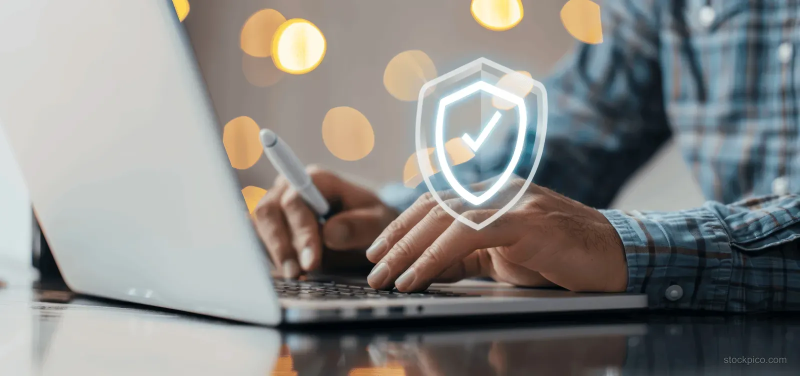 Person typing on a laptop with a glowing digital shield overlay implying encryption and data security.