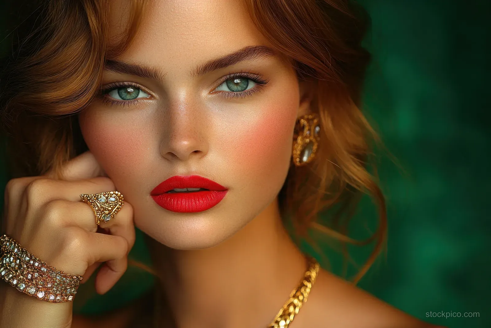 Young woman with green eyes and red lipstick wearing gold earrings and ring, posing against a dark green background.