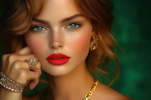 Young woman with green eyes and red lipstick wearing gold earrings and ring, posing against a dark green background.