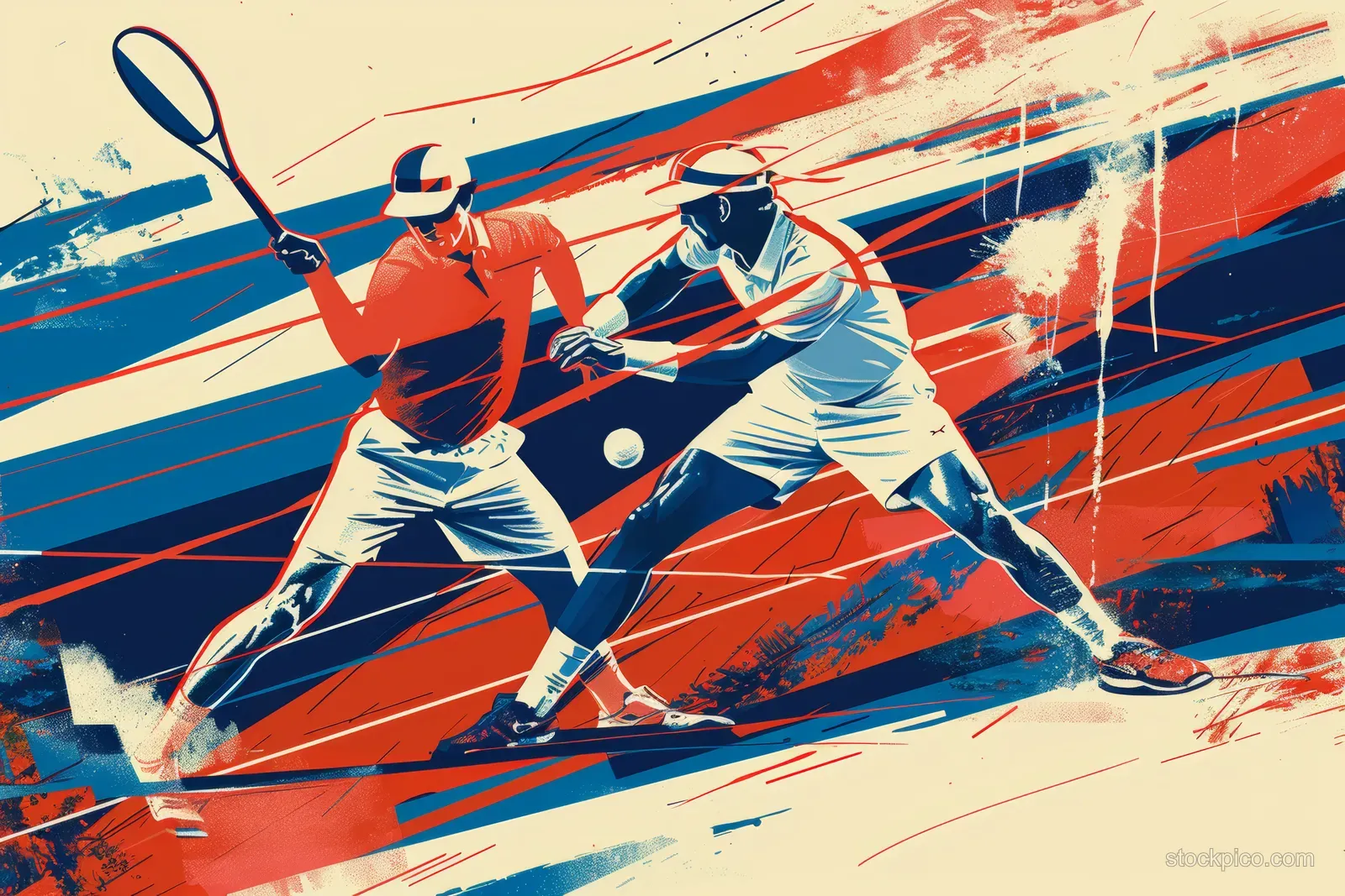 Two mixed doubles tennis players strike the ball during a bronze medal match, shown with bold brushstroke graphics.