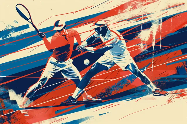 Mixed doubles tennis players rally in a bronze medal match, energetic brushstroke poster art