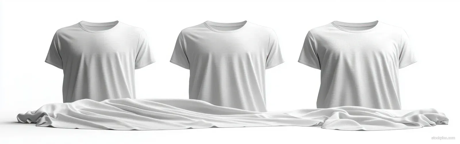 Three plain white T-shirts displayed on invisible mannequins with smooth white fabric draped in front on a clean background.