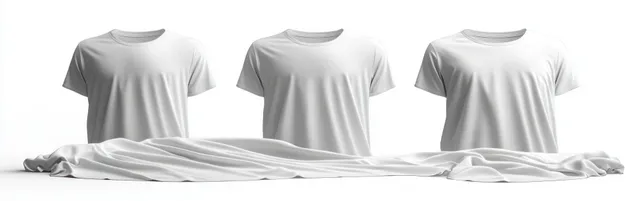 Three plain white T-shirts displayed on invisible mannequins with smooth white fabric draped in front on a clean background.