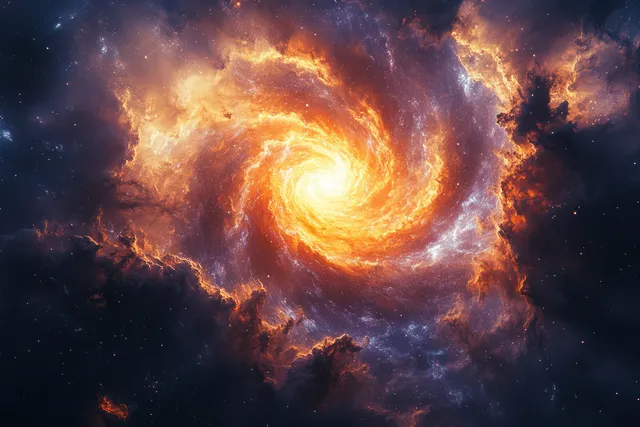 Swirling galaxy nebula with glowing core and fiery spiral dust clouds in deep space with Wave Like Motion