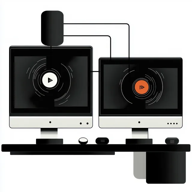 Two connected desktop monitors on a dark desk show spinning record graphics and play icons with visible cables.