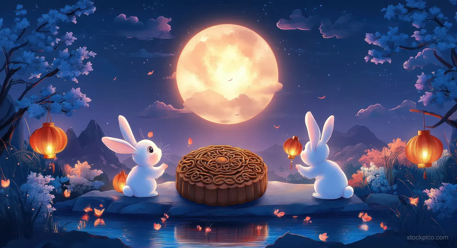 Two rabbits sit with a mooncake on a stone pedestal under glowing full moon and lanterns.