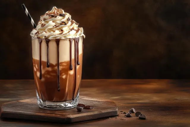 A tall chocolate milkshake in a glass is topped with whipped cream and dripping chocolate syrup on a wooden board.