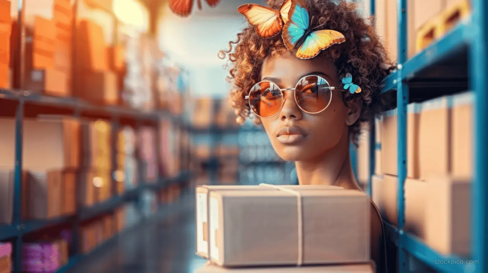 Curly-haired woman with butterfly hair accessories and round sunglasses stands beside stacked shipping boxes on a city street.