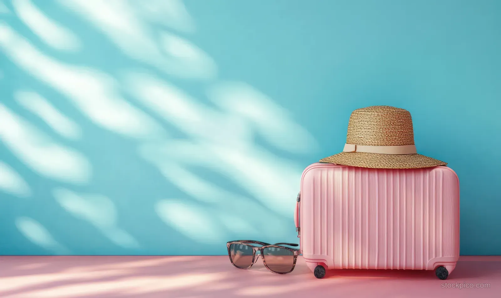 Pastel pink suitcase with straw hat and sunglasses on a sunlit sandy surface against a blue background.