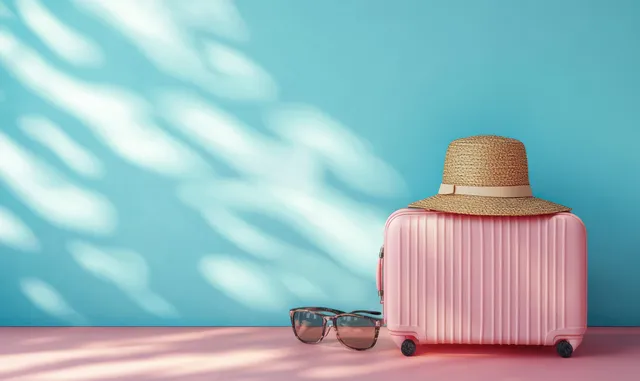 Pastel pink suitcase with straw hat and sunglasses on sunlit beach table